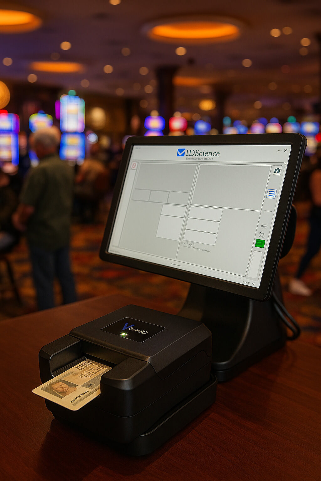Full kiosk setup with IDS6000 ID scanner for secure identity verification and age validation in Casino environment
